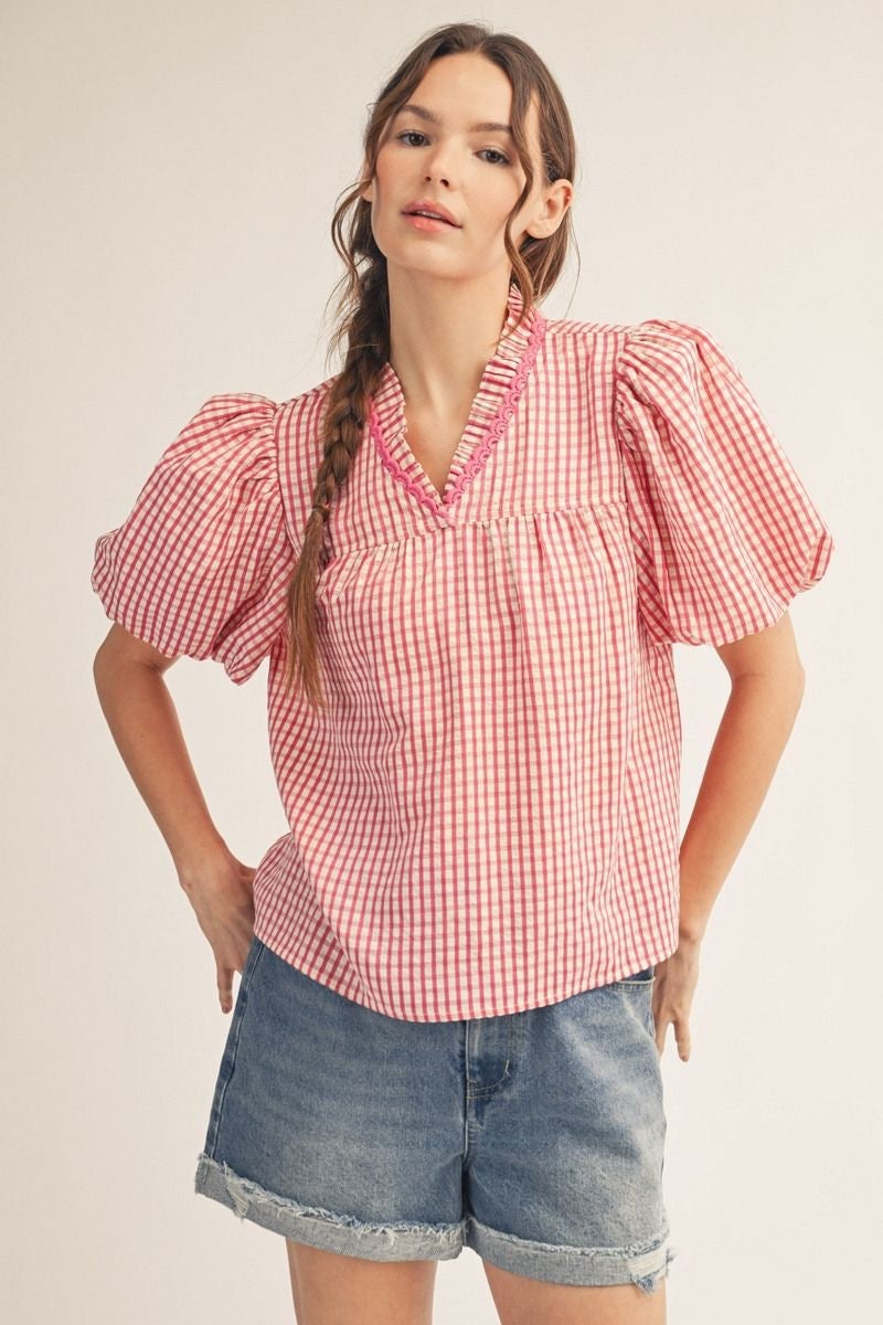 Gingham Puff Sleeve Top